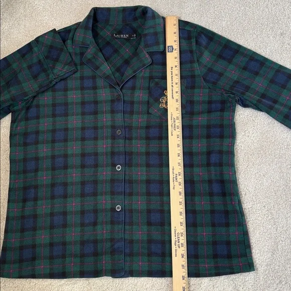 Ralph Lauren Black Label Crest Green Plaid Flannel Pajama Lounge Shirt Womens XL - Picture 10 of 12